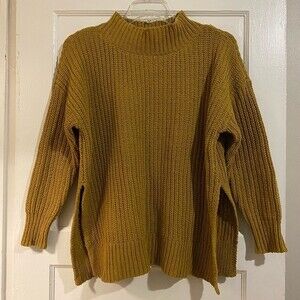 Arie Gold Plush Knit Split Hem Turtleneck Sweater